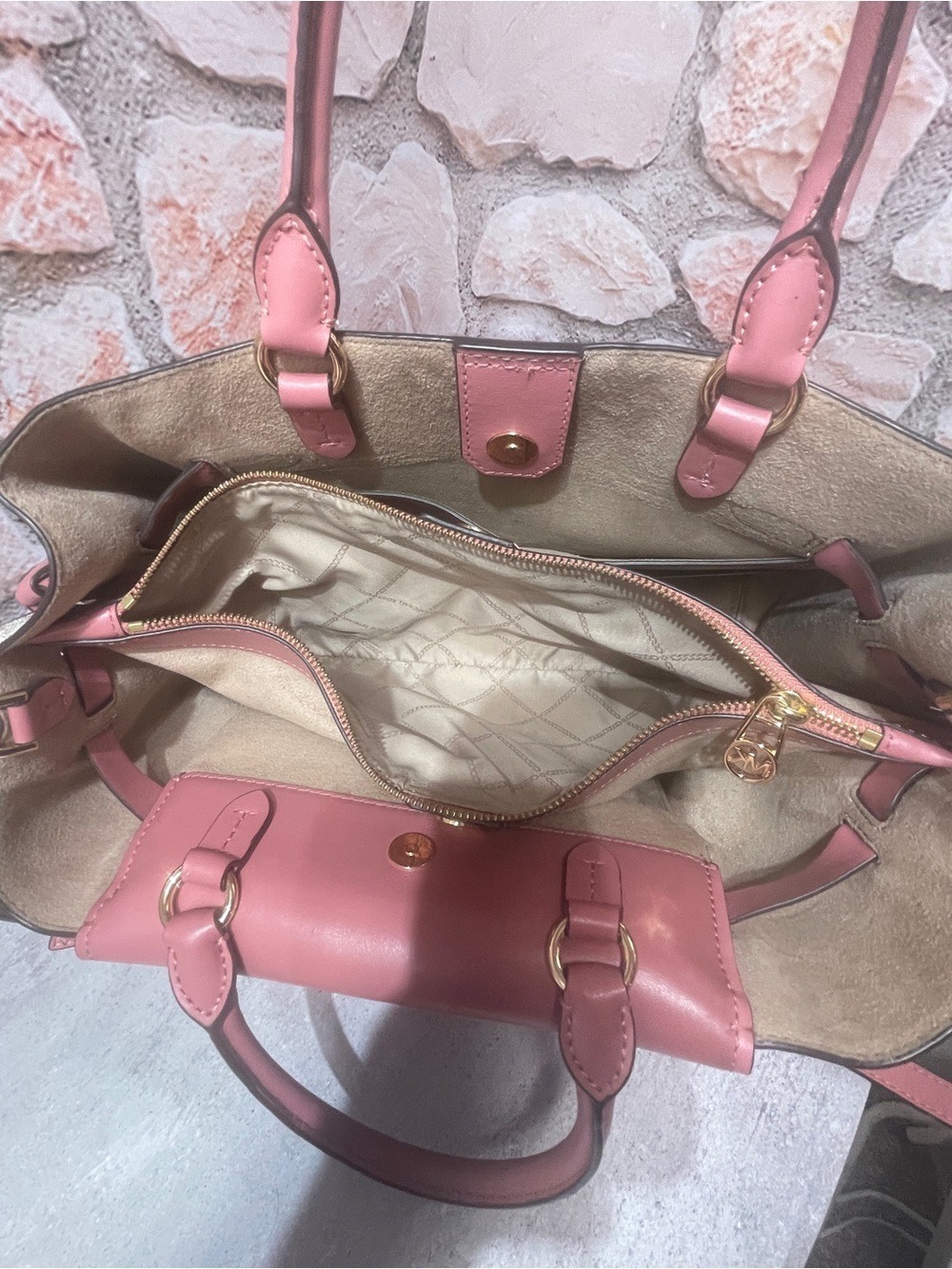 Michael Kors Rose Pink Center Stripe Legacy Hamilton Satchel & Matching Wallet - Picture 8 of 14